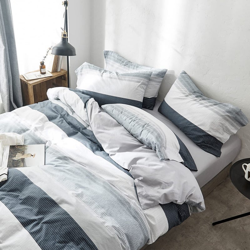 OREISE Duvet Cover Set King Size 100% Cotton Soft Bedding Set Gray Blue White Printed Striped Style,3Piece (1 Duvet Cover + 2 Pillowcase),Comfortable Luxurious - Image 2